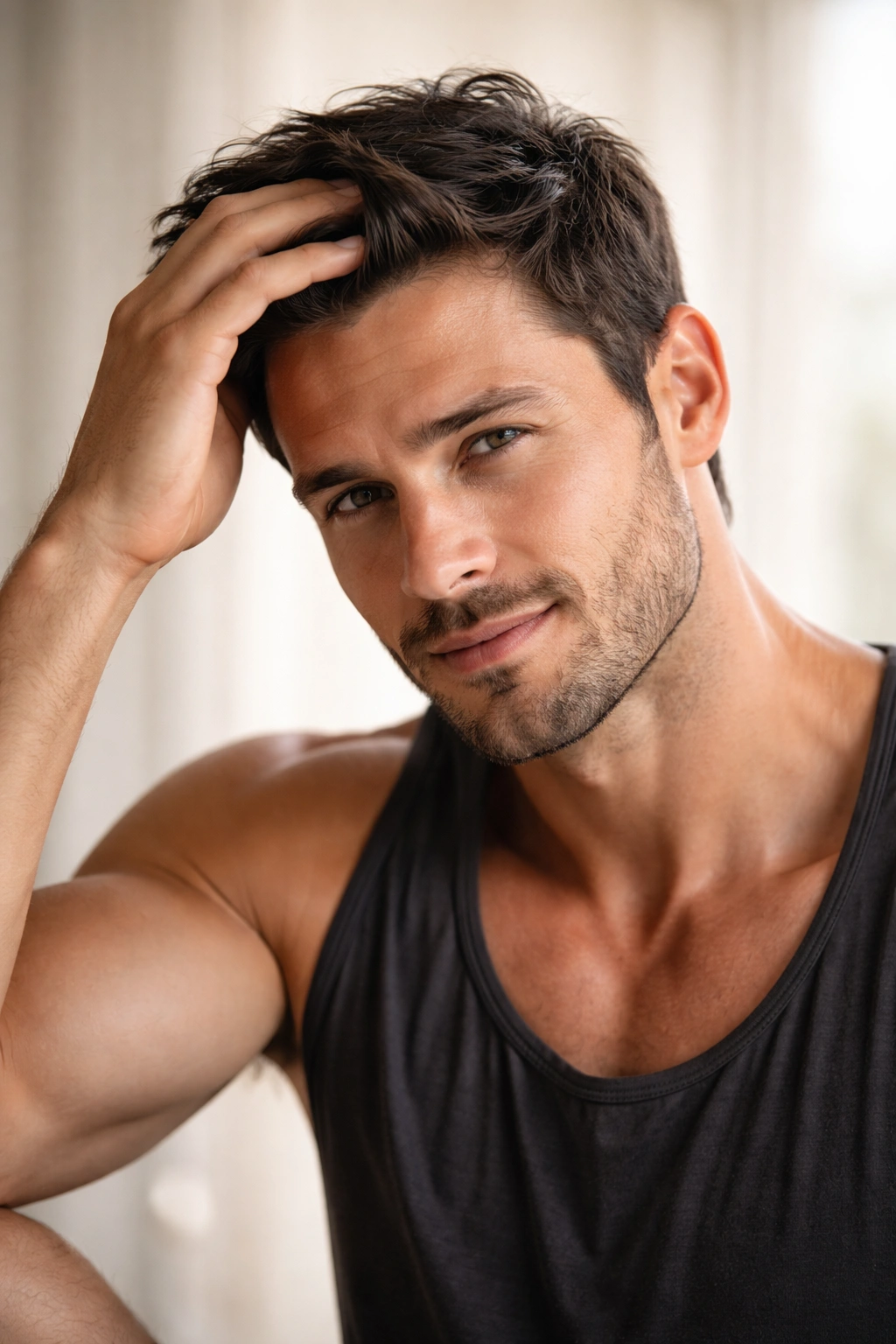 Person touching hair in calm, confident setting