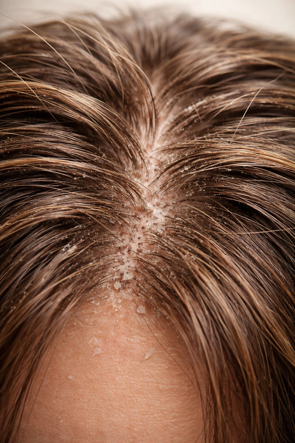 Close-up of dry, brittle hair and flaky scalp indicating poor hair health from dehydration