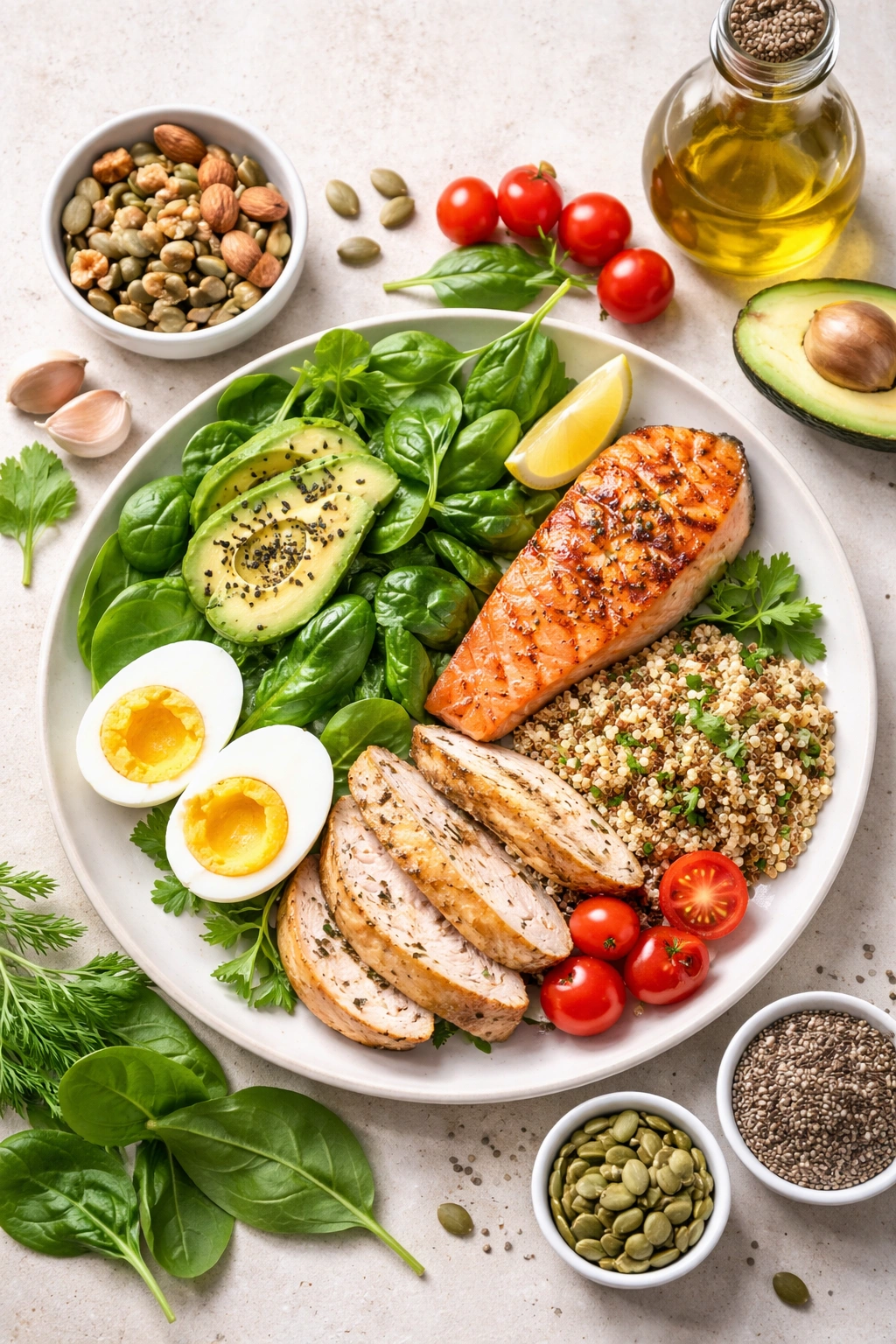 Plate with hair-healthy foods including protein and greens