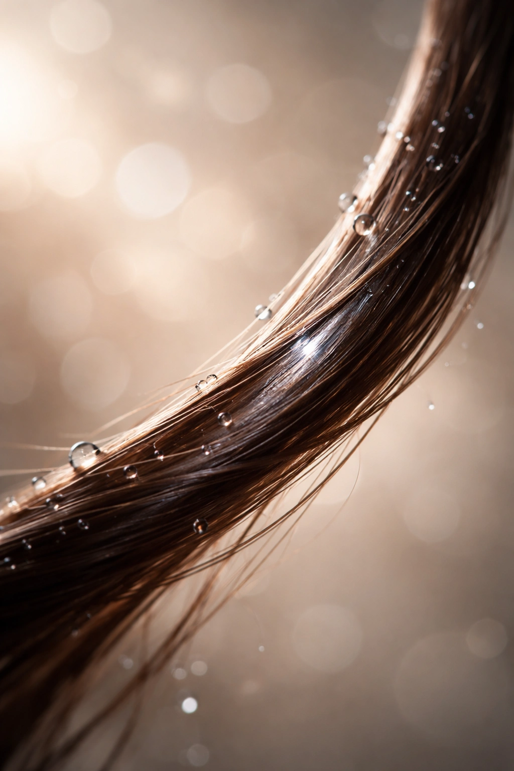 Close-up glossy hair strand with soft lighting reflecting final thoughts on hair health
