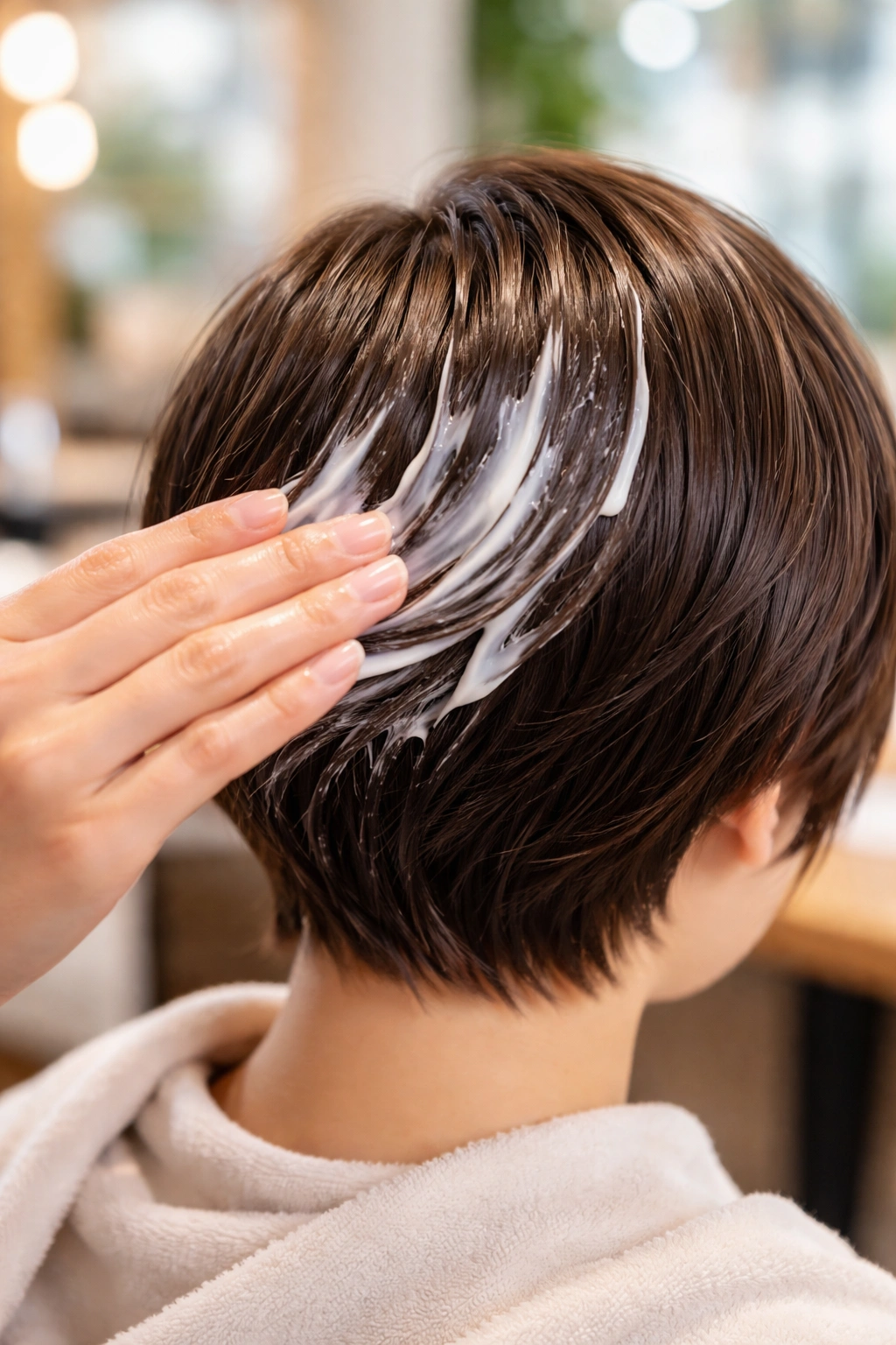 Close-up of glossy healthy hair being conditioned in a bright salon