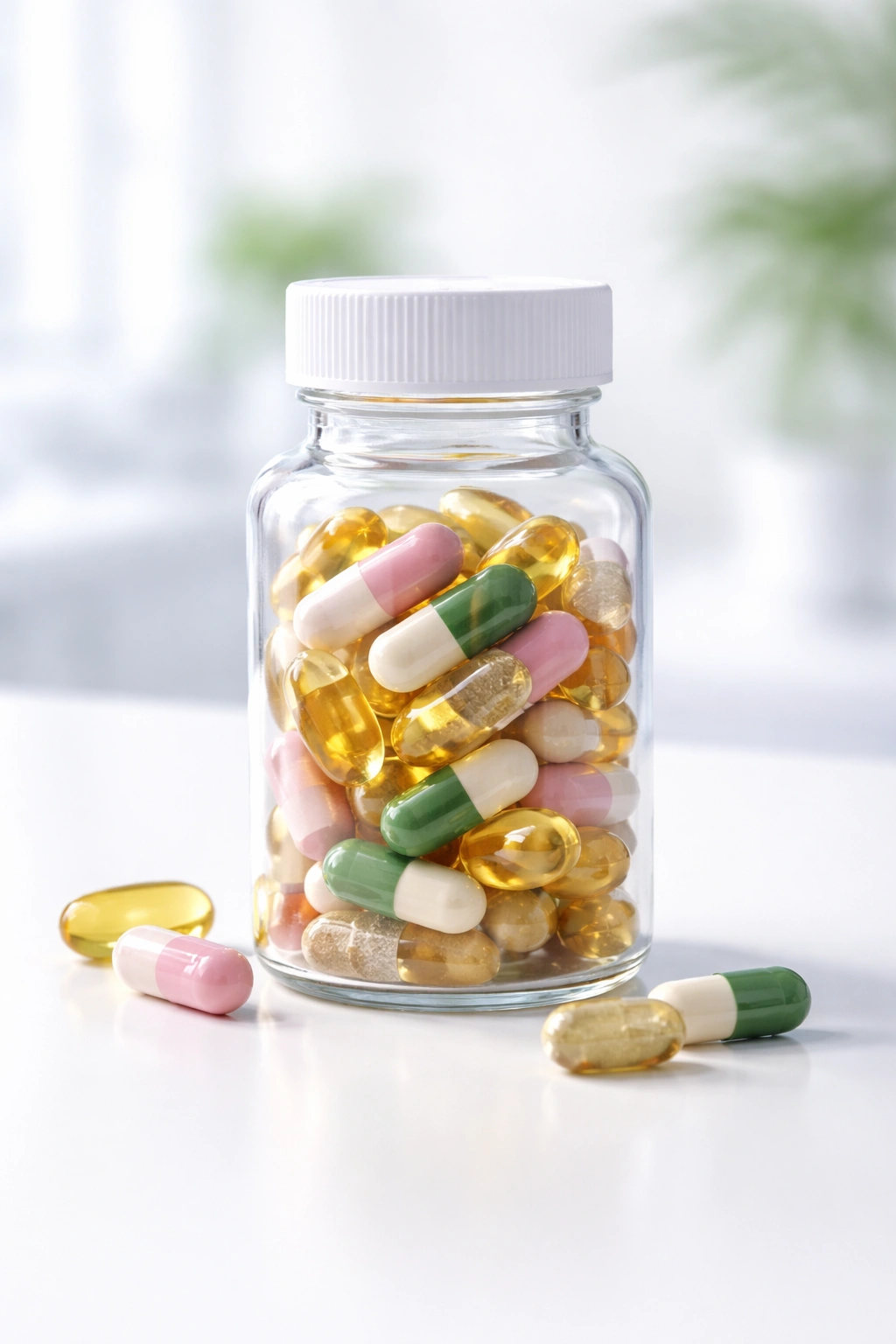 Assorted vitamin capsules representing hair-supporting nutrients