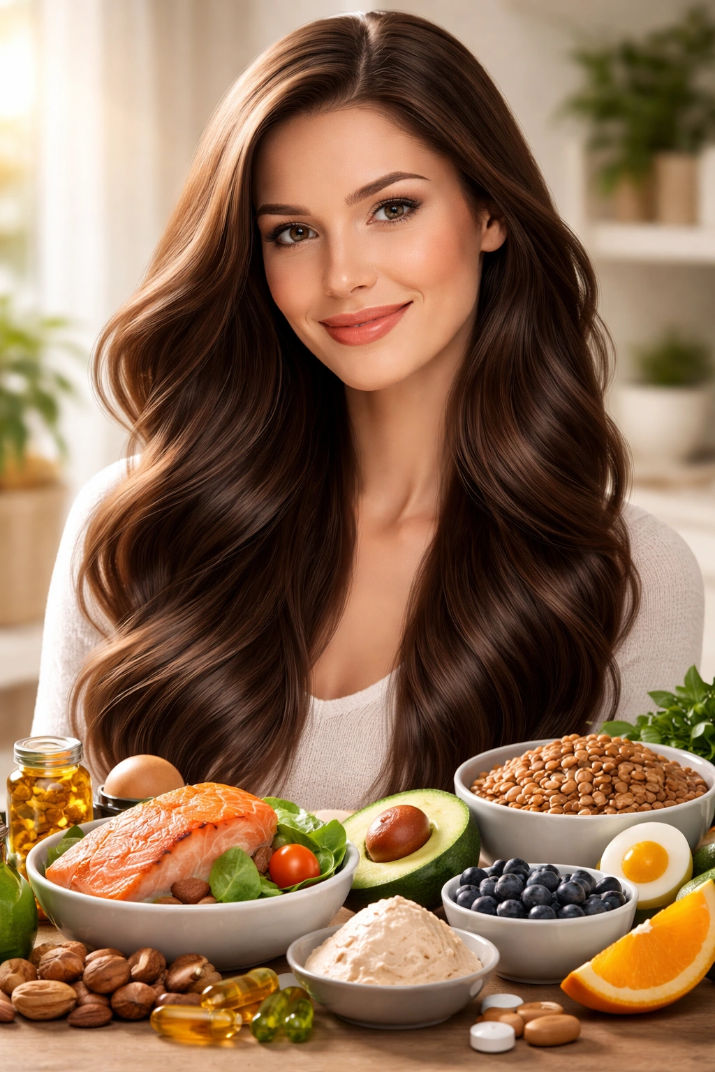 Close-up portrait of healthy, glossy hair indicating internal nutrition.