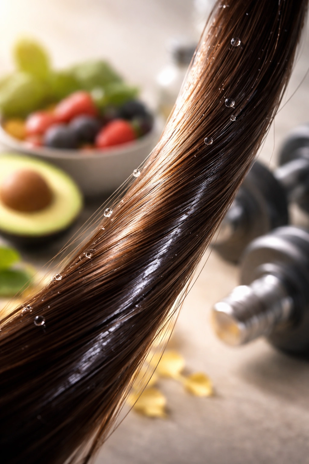 Close-up of a glossy hair strand highlighting healthy hair