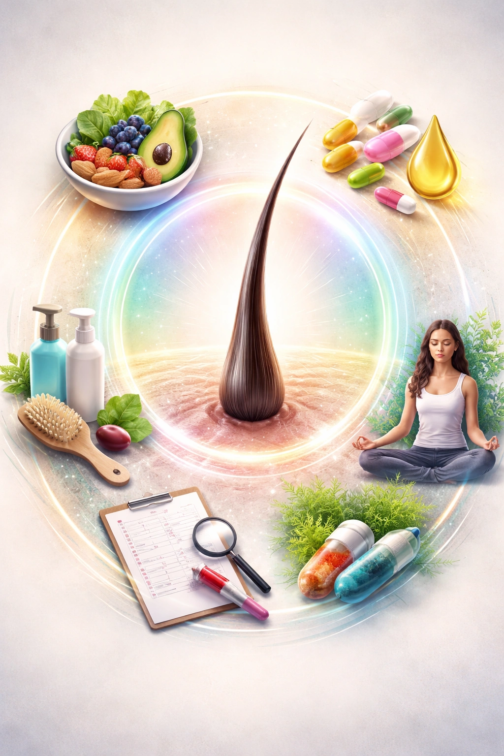 Single hair strand with colorful halo symbolizing hair health strategy