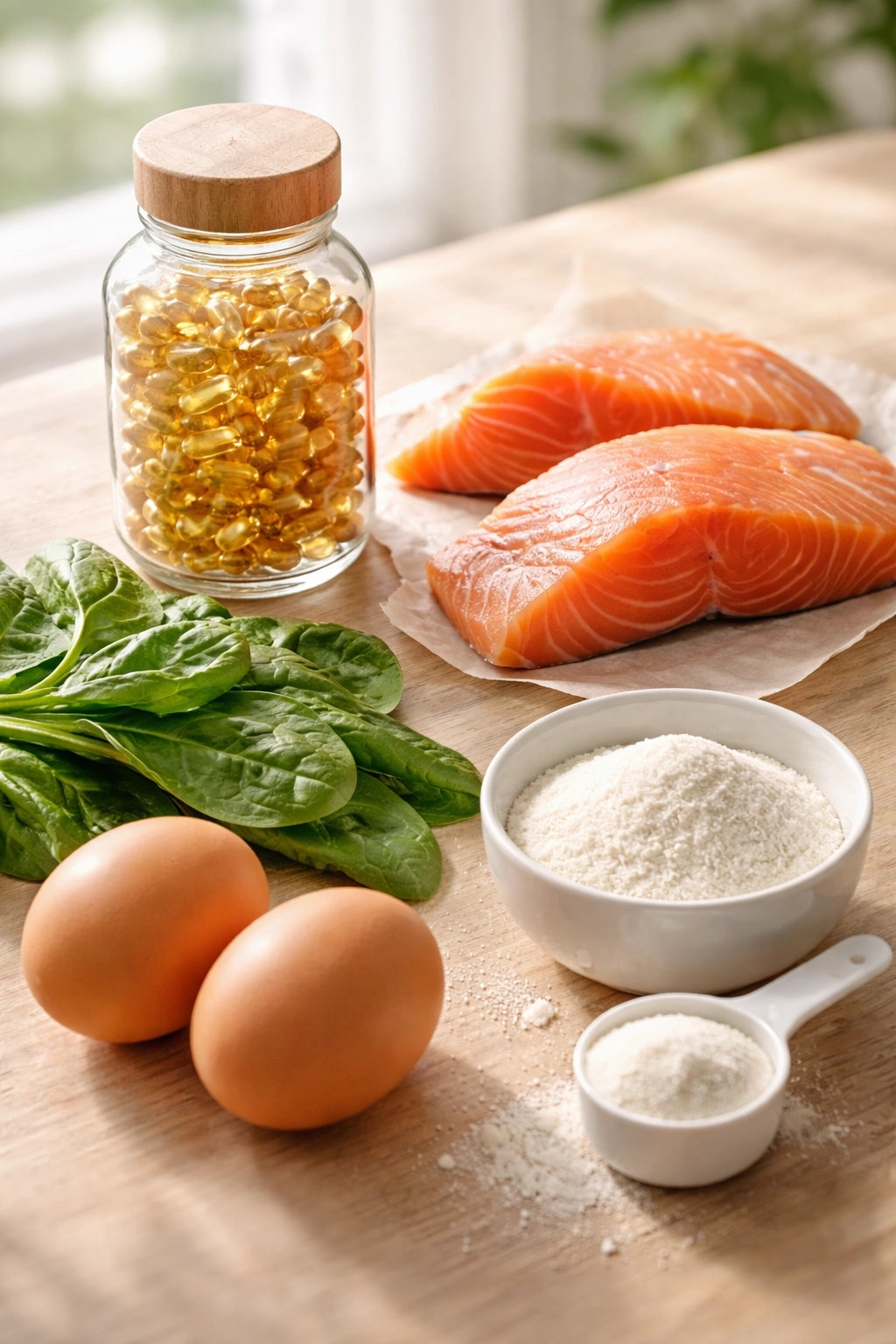 Still life of hair health foods and supplements including capsules, salmon, eggs, and greens on a neutral surface