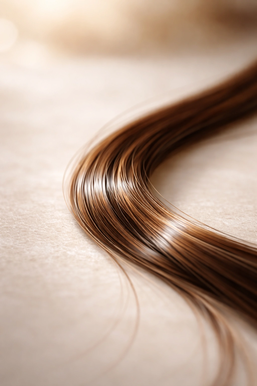 Close-up of a shiny healthy hair strand on a neutral surface