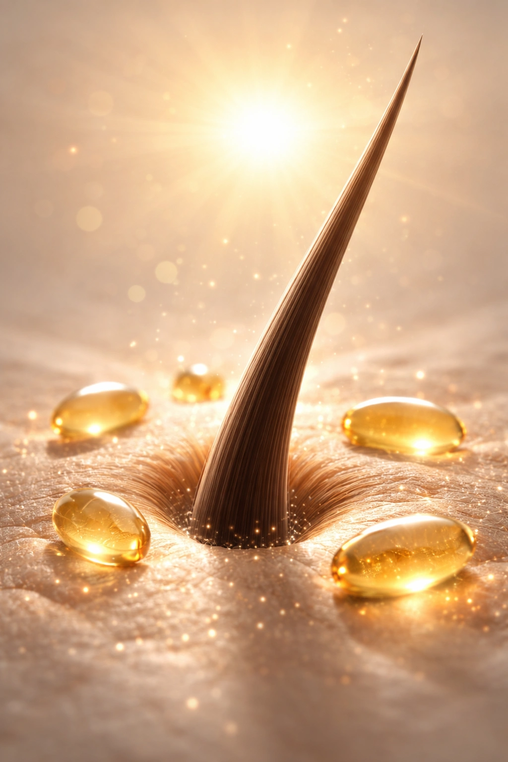 Abstract visual suggesting vitamin D's role in hair health with sun glow and hair strand