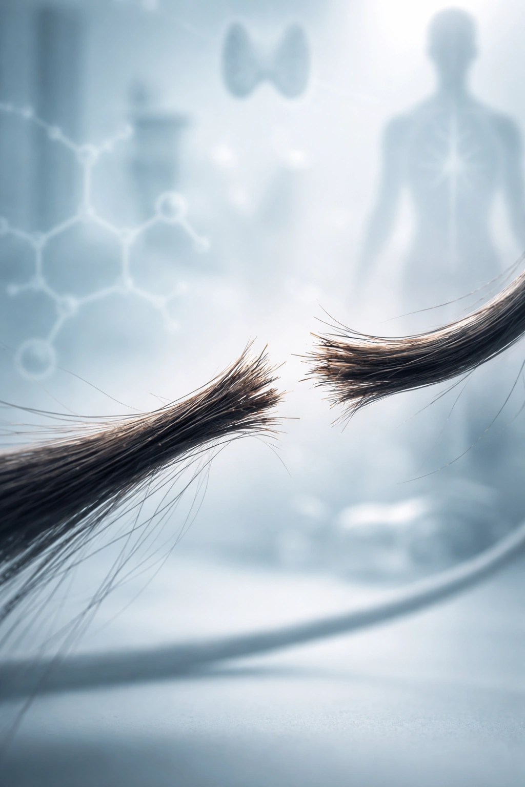 Close-up of brittle hair strand with clinical backdrop suggesting health issues.