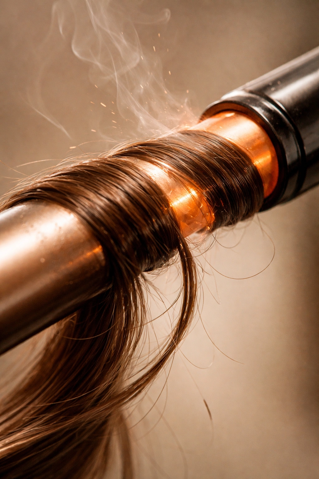 Hair strand wrapped around a curling wand with a warm glow, illustrating heat damage and tension