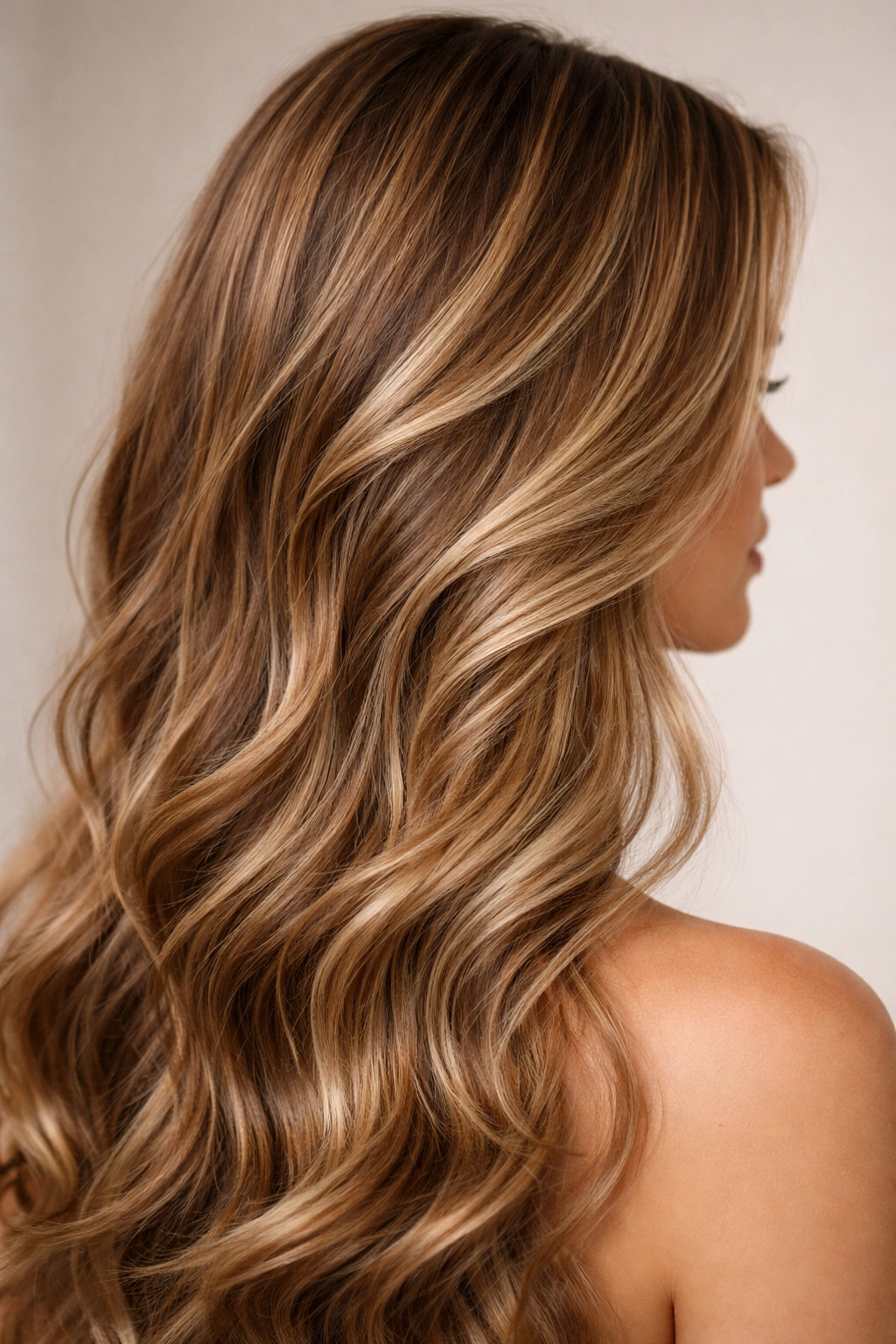 Close-up portrait of hair with refined highlights and dimensional shine
