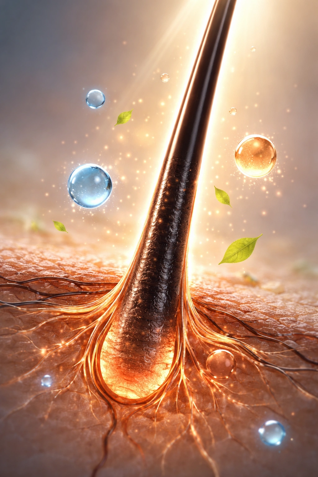 Macro view of a hair follicle under gradient lighting suggesting hormonal and environmental effects