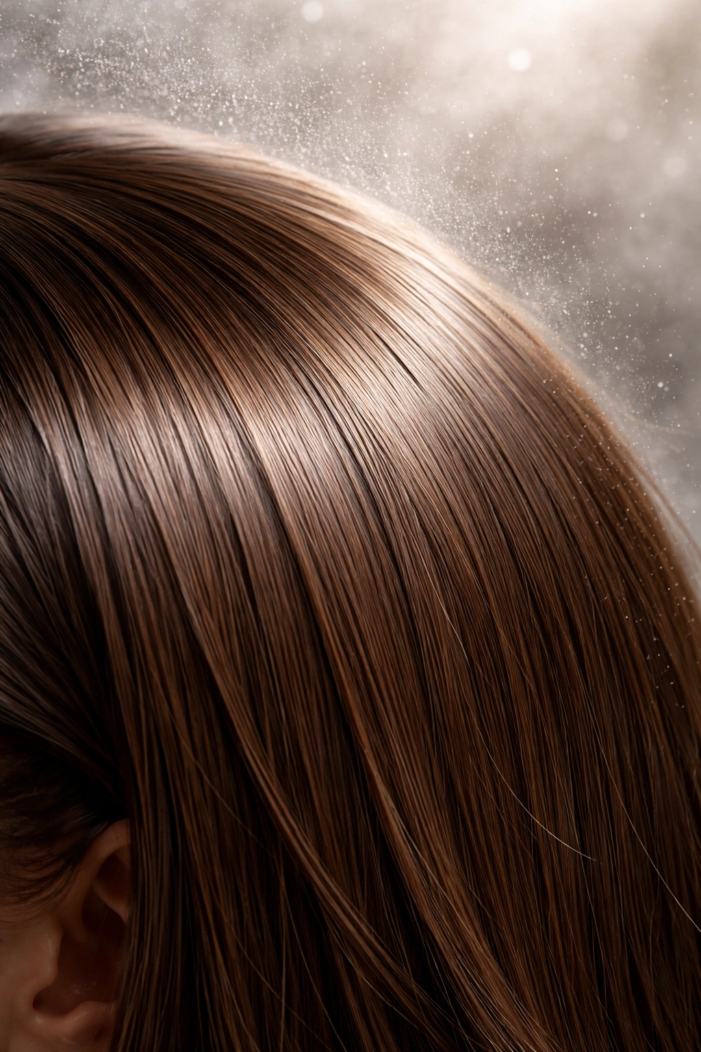 Close-up of smooth hair with minimal frizz under mist, indicating humidity resistance