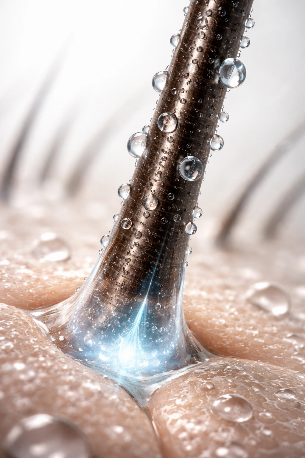 Macro close-up of a hydrated hair strand with water droplets illustrating the water-hair connection