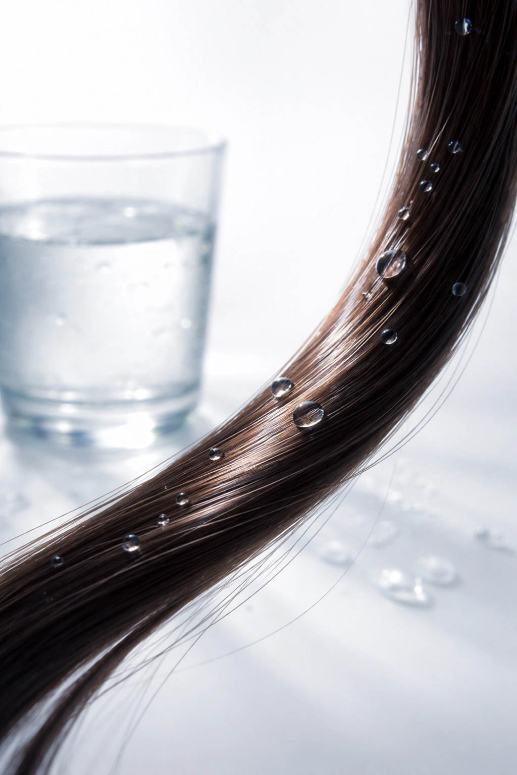 Macro shot of hair strand with water background, showing hydration impact