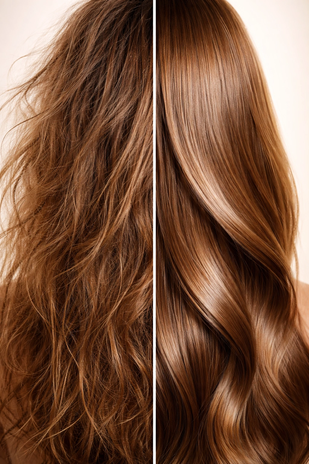 Hair showing frizzy vs moisturized states to indicate timeline of results