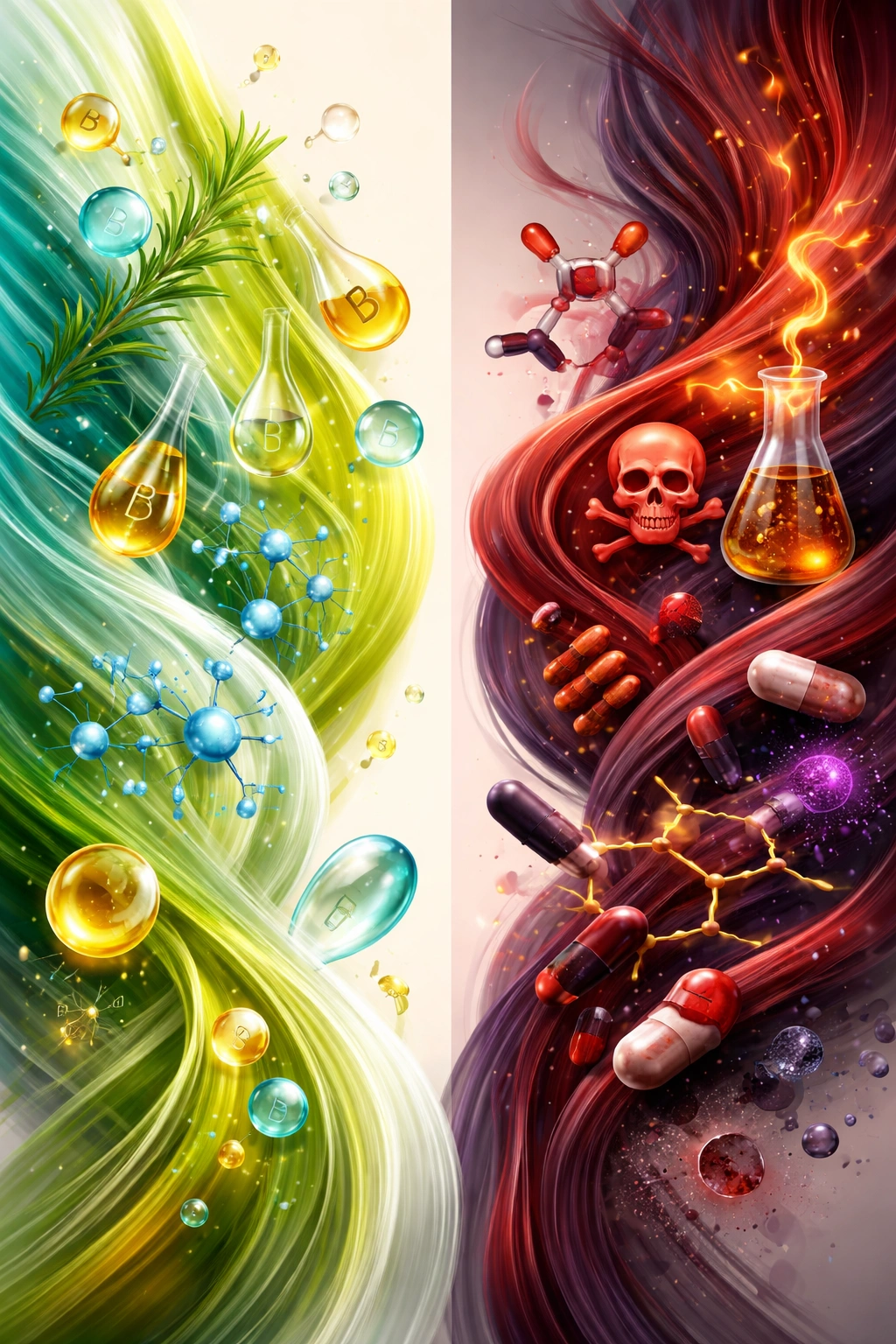 Abstract visual of good vs bad hair-care ingredients using color contrasts.