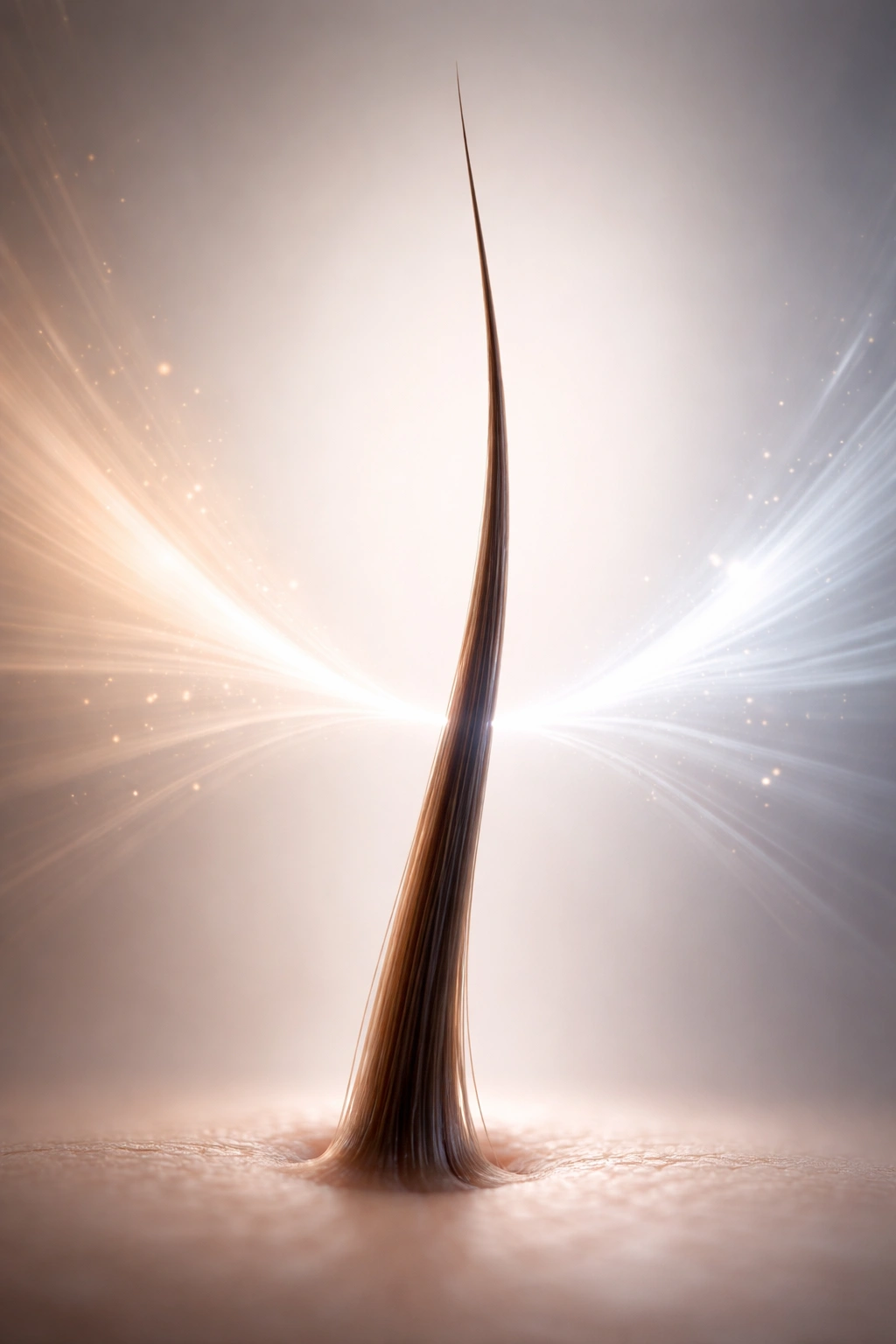 Hair strand at center with light converging from sides to symbolize combined parental influence on hair genetics.