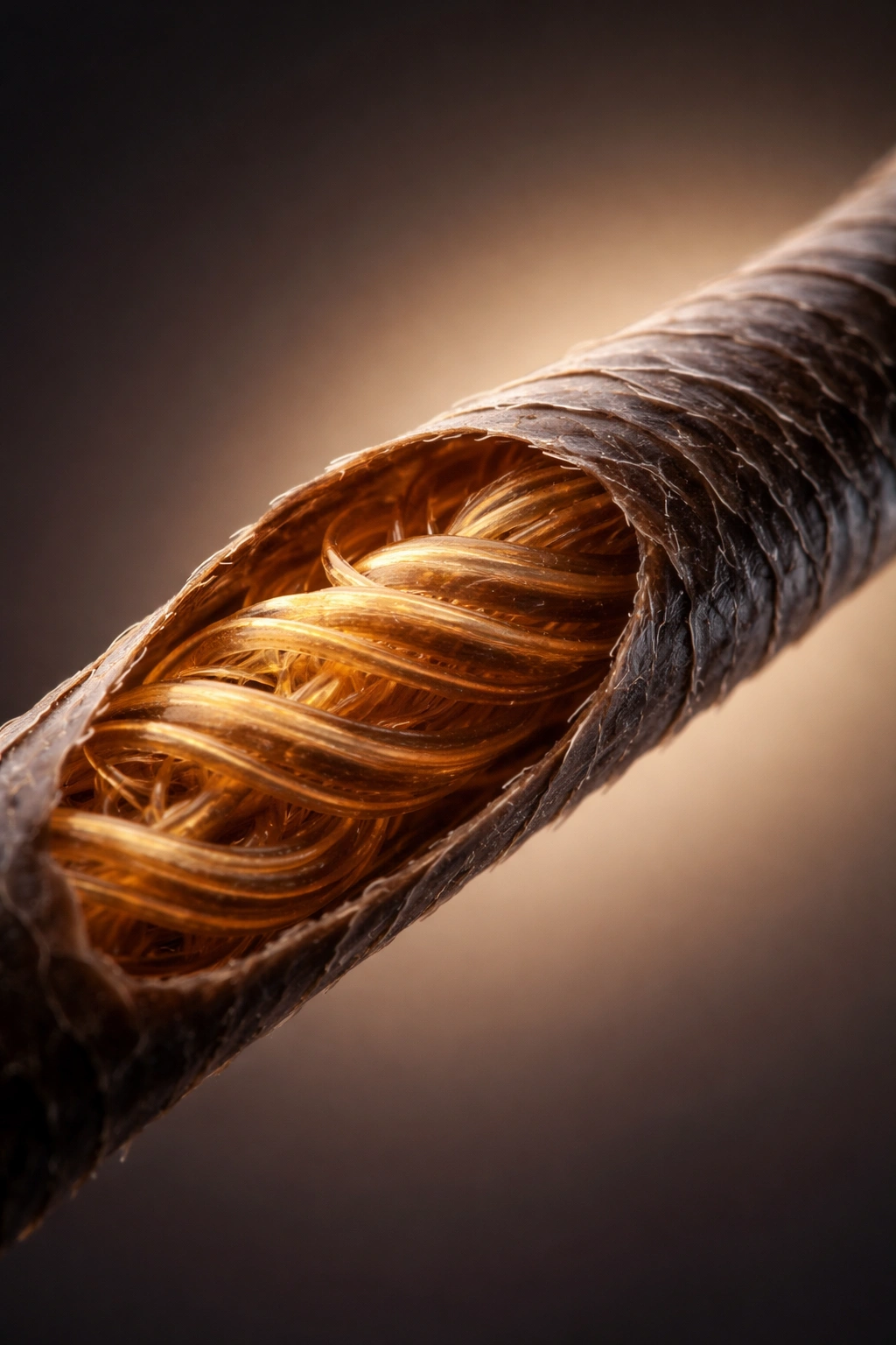 Macro close-up of hair showing keratin interior and layered structure