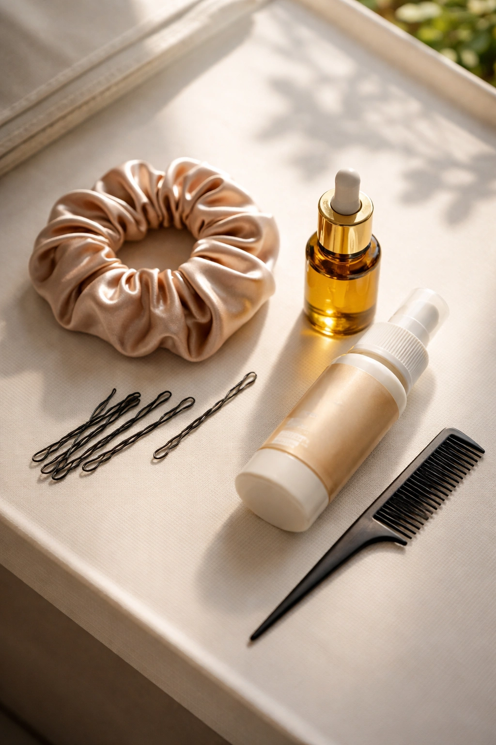 Close-up of a hair care kit with bobby pins, satin scrunchie and oil for quick school hairstyles