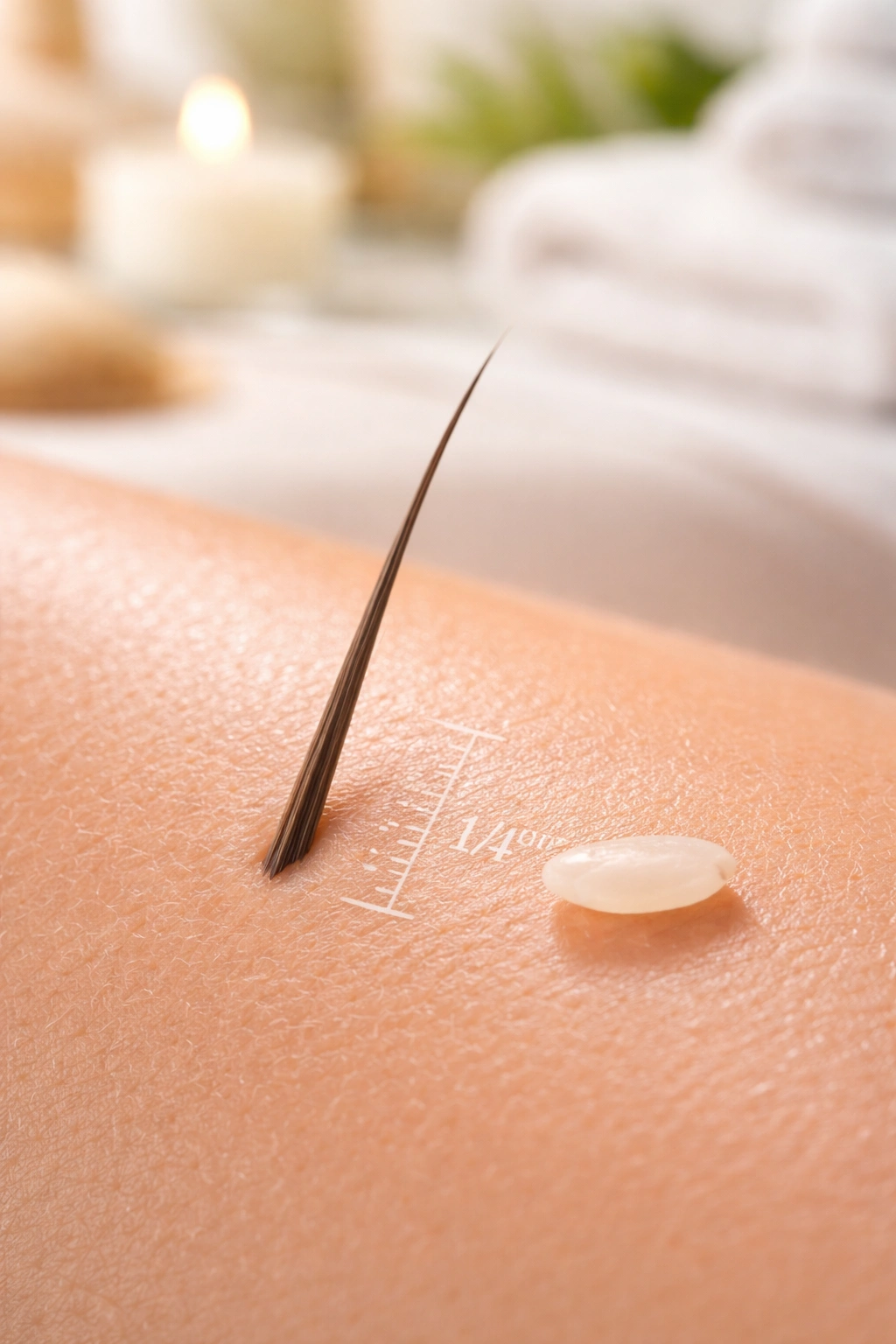 Hair length guidance visual: single hair beside a grain of rice on skin
