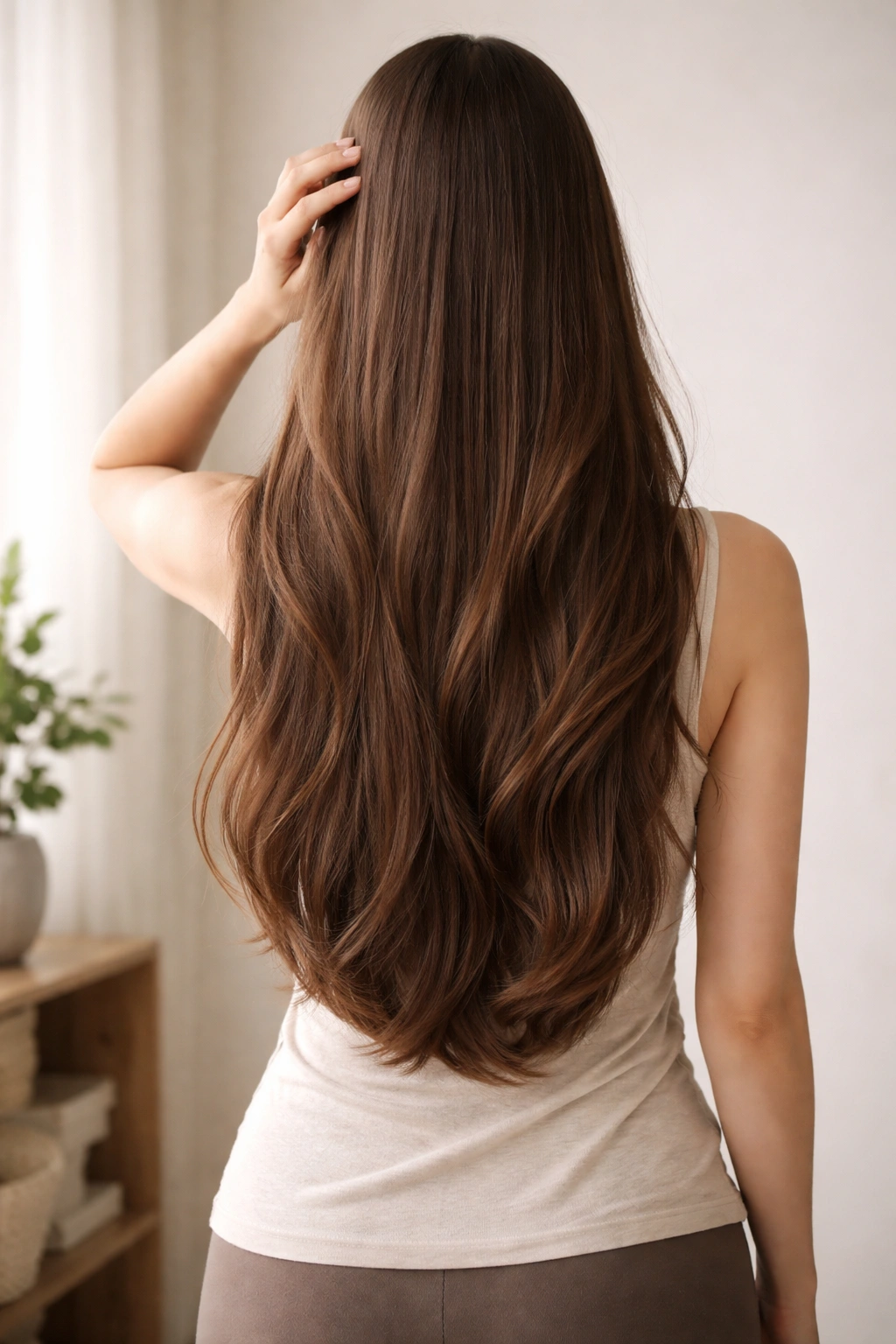 Person with long healthy hair reaching mid-back