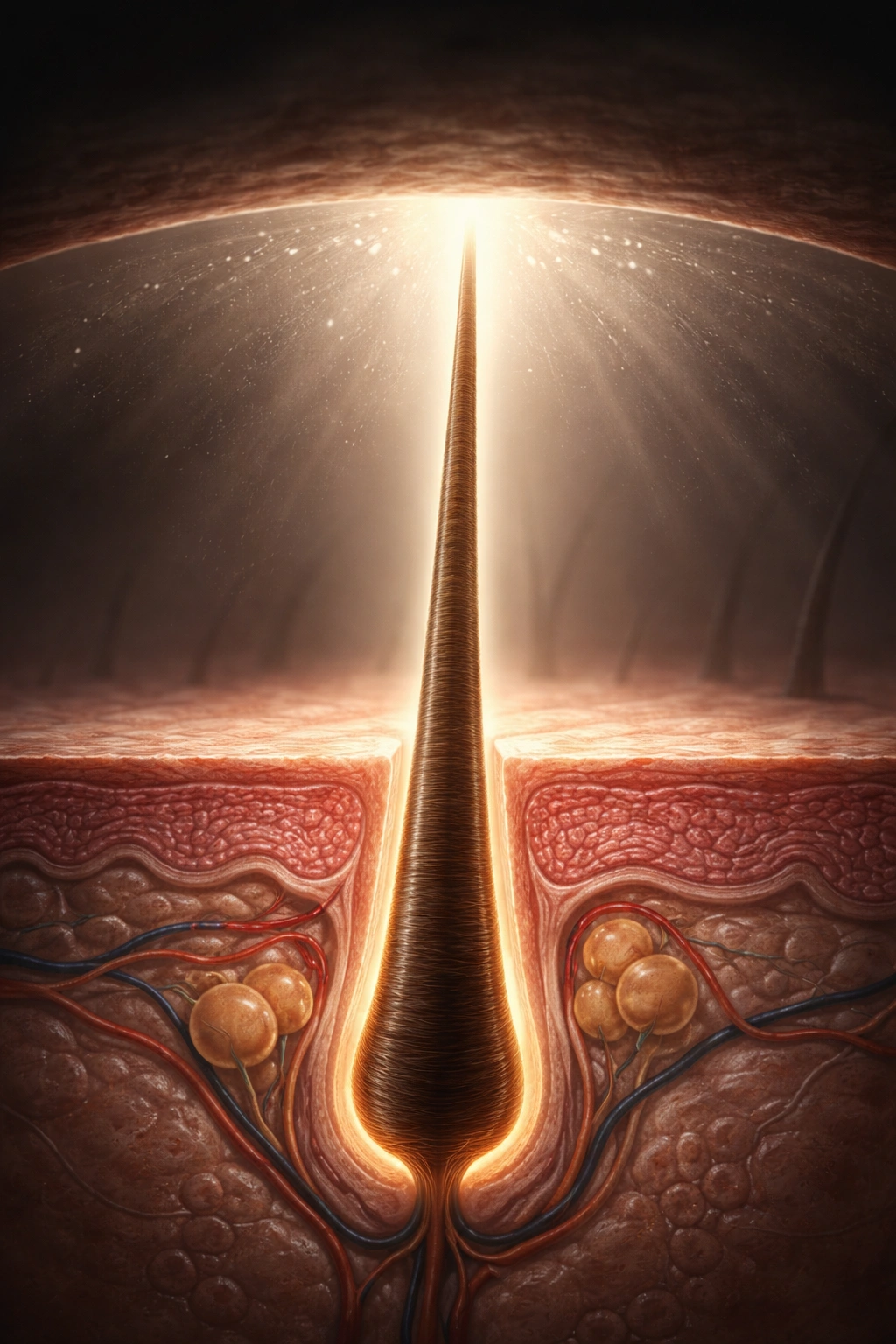 Hair shaft approaching a growth ceiling inside a scalp cross-section.