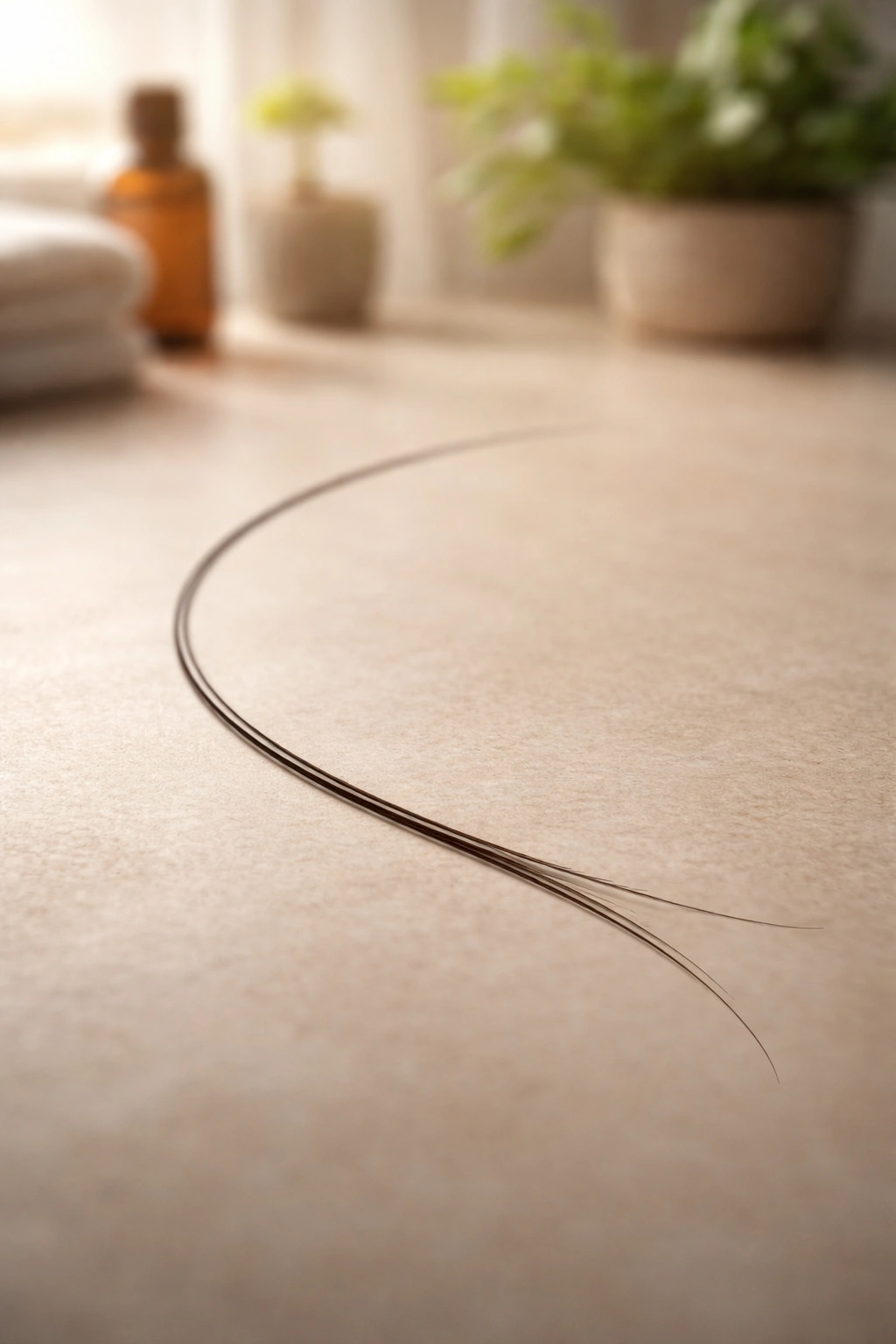 Close-up of a single hair strand on a neutral surface showing natural length.