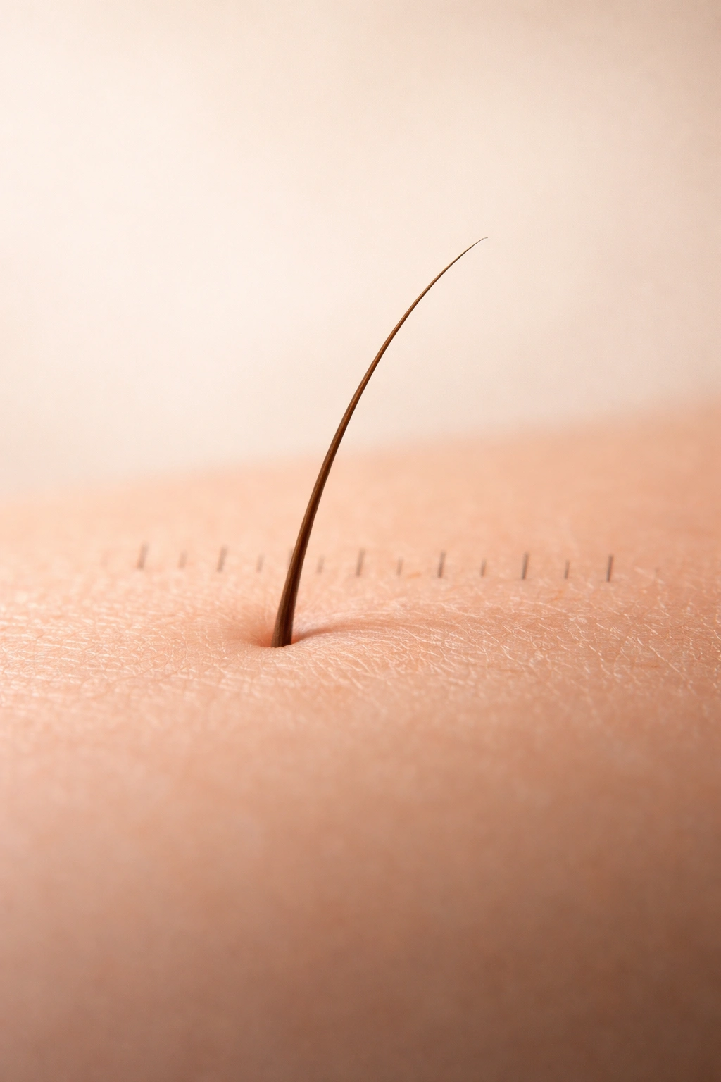 Close-up of a single hair on skin with subtle measurement cue suggesting quarter-inch length for waxing
