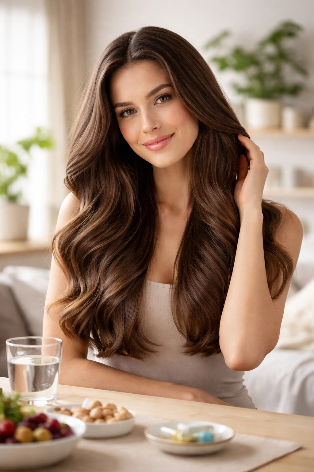 Portrait of a person with thick, healthy hair in a calm home setting