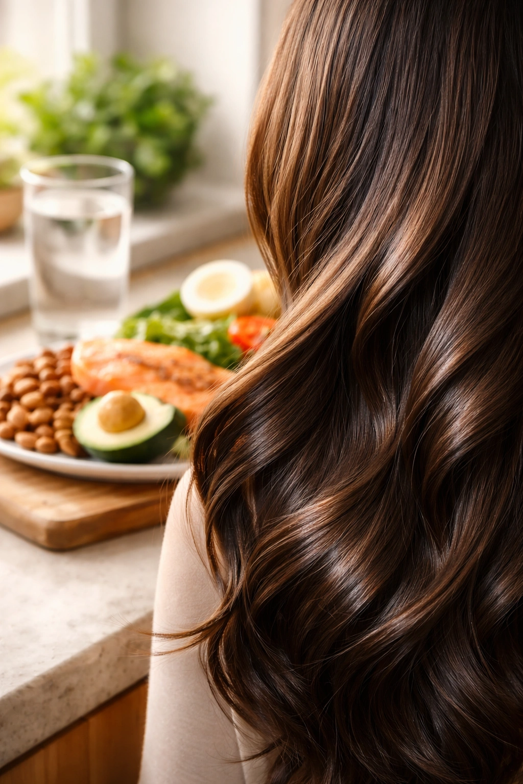 Hair close-up with background hints of water and protein foods indicating lifestyle effects