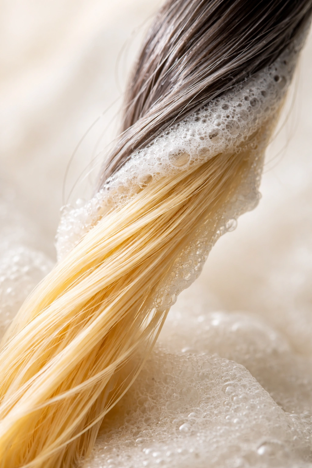 Hair strand being lightened toward pale yellow under studio lighting.