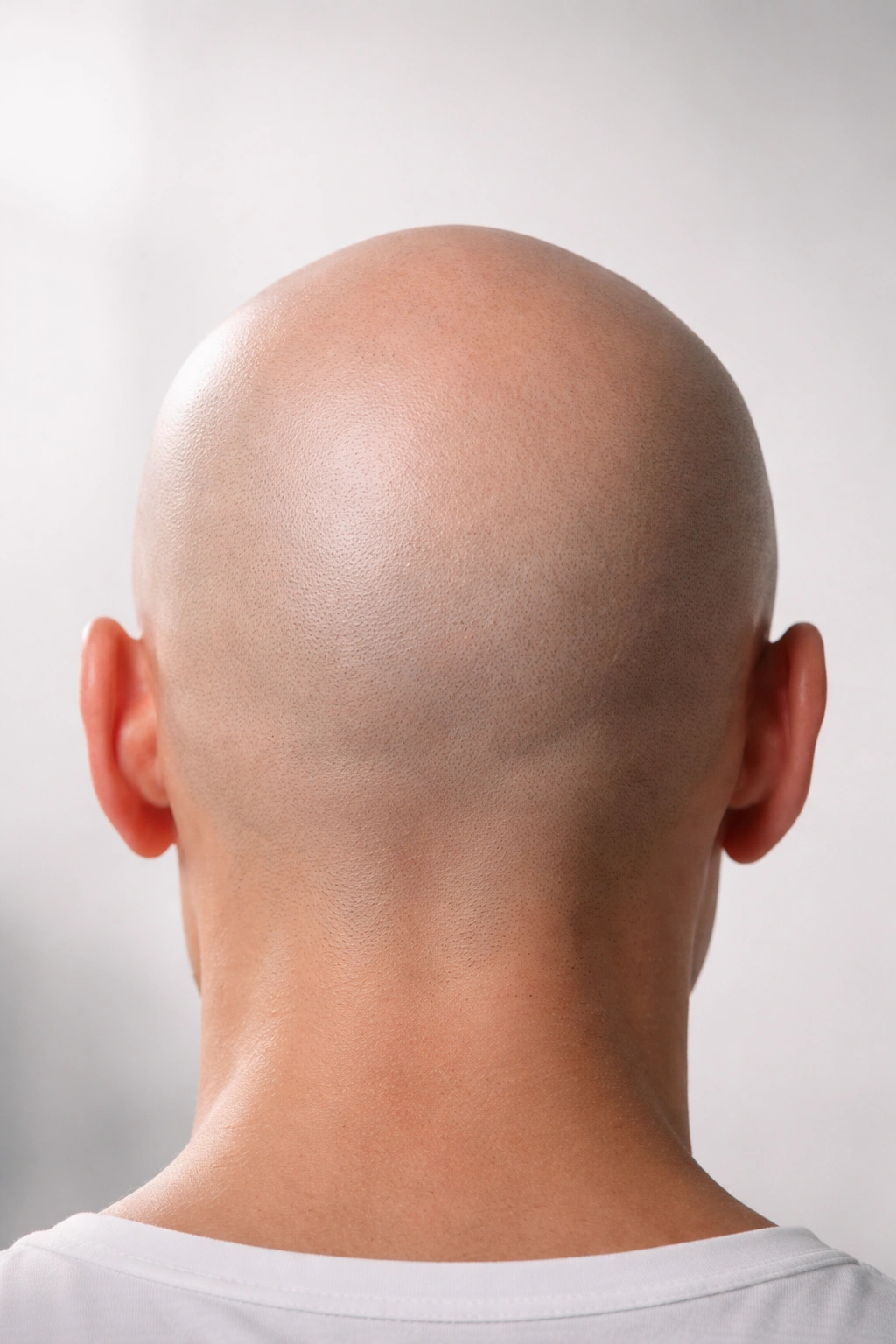 Close-up of a shaved scalp representing acceptance of hair loss