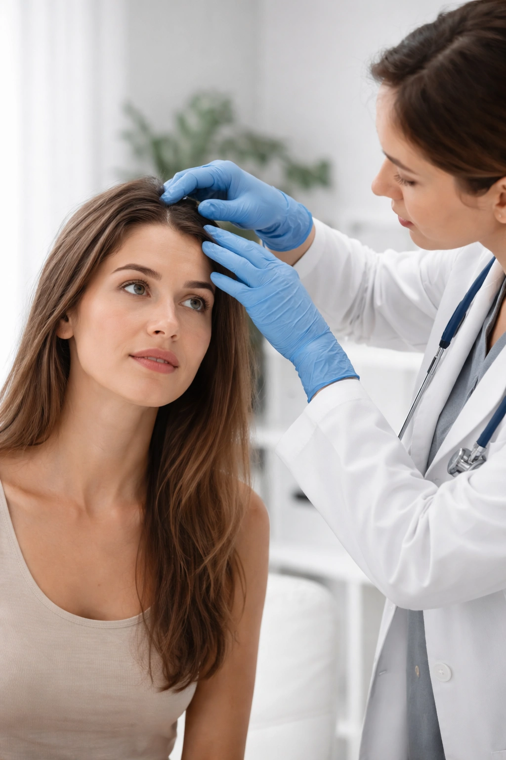 Patient and dermatologist examining scalp to plan treatment