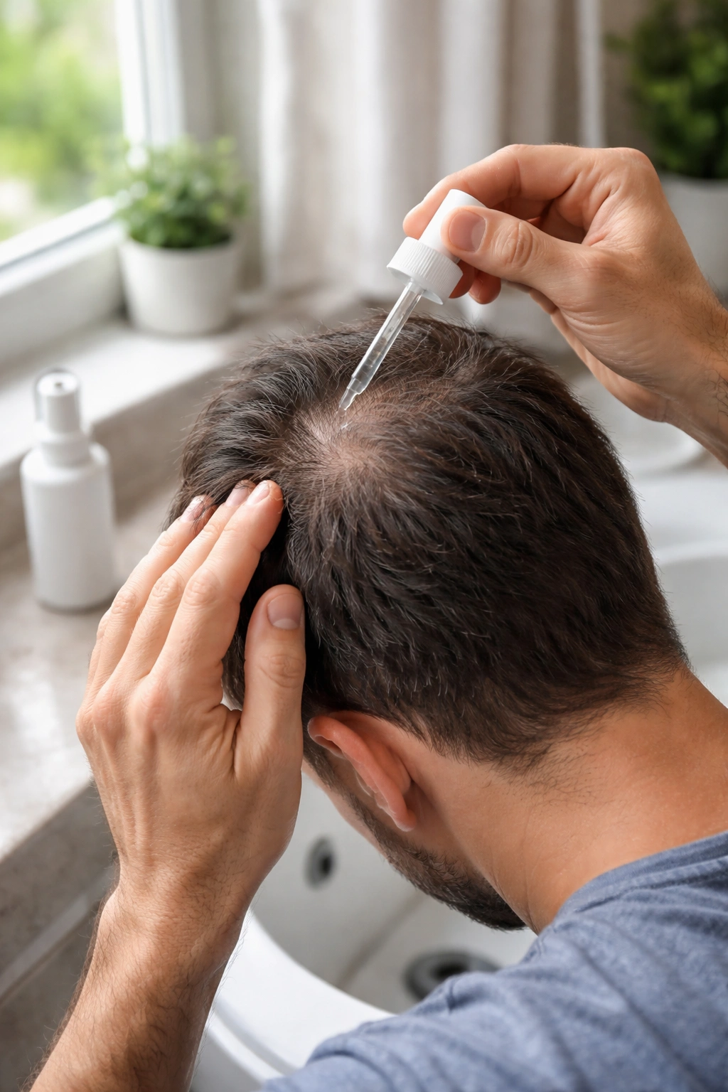 Person applying non-surgical hair loss treatment to scalp at home