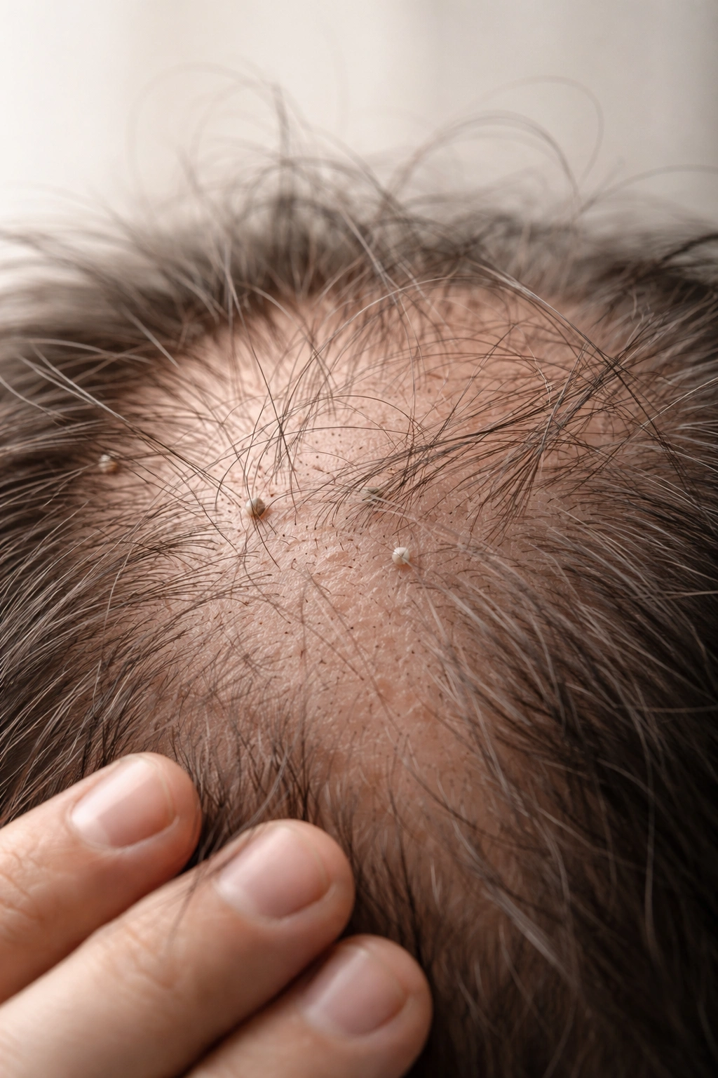 Close-up scalp thinning with visible follicles on neutral background
