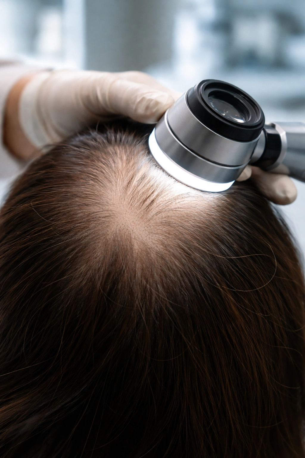 Clinical close-up of thinning scalp under dermatoscope