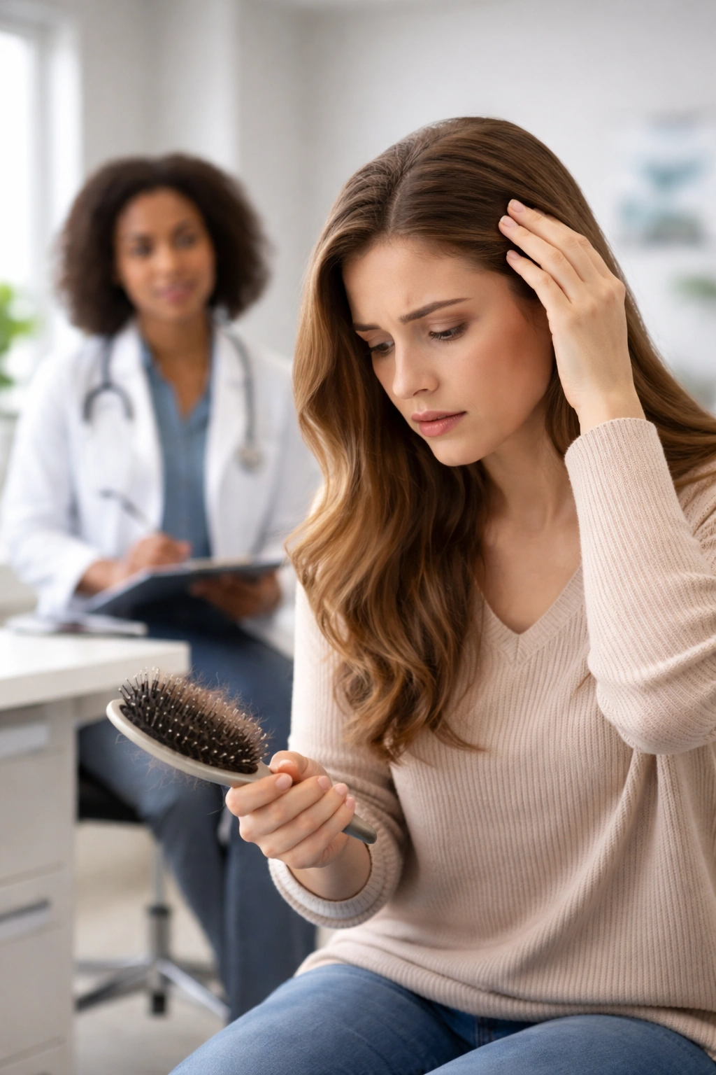 Person in a clinic setting seeking medical advice for hair loss