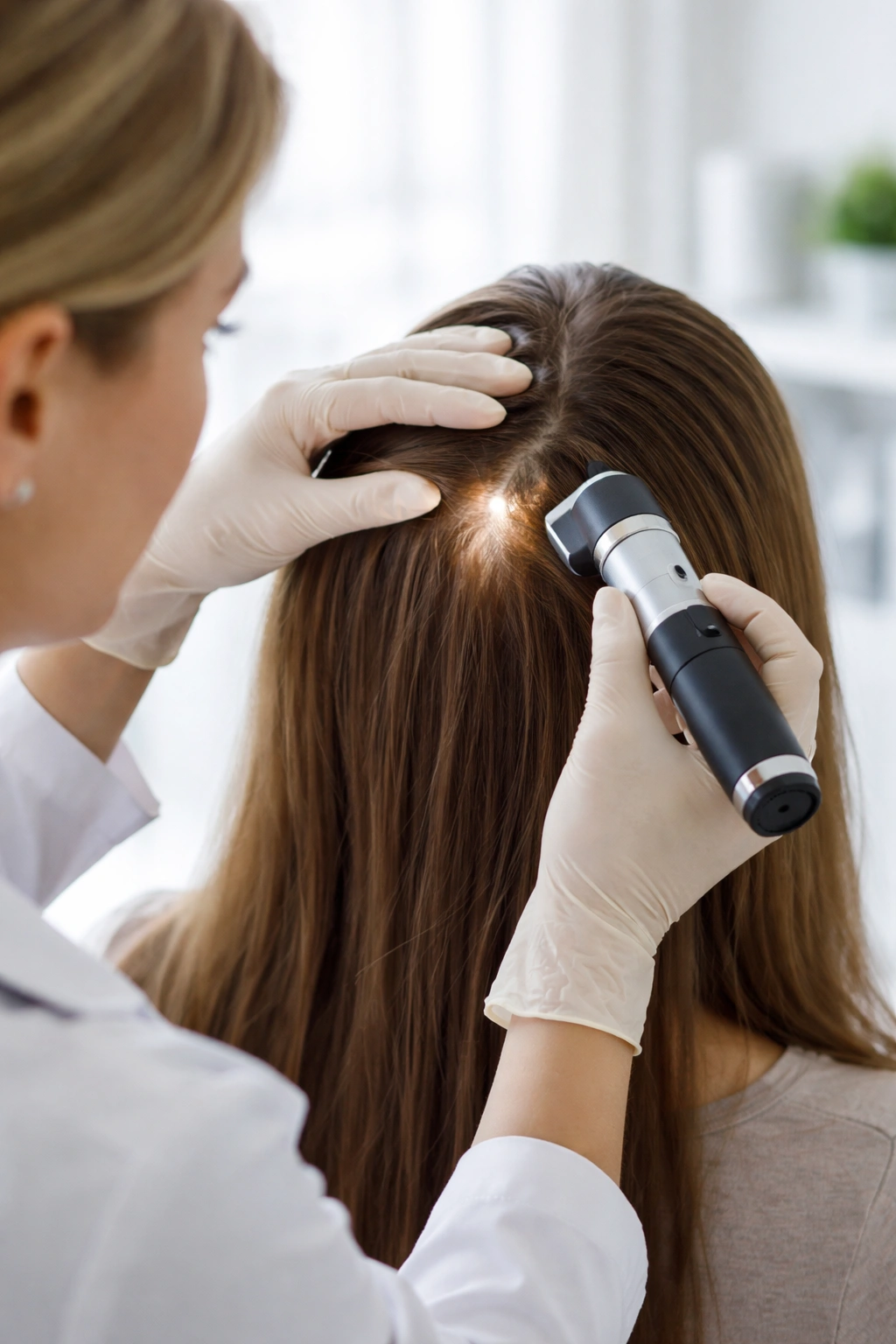 Dermatologist examining scalp with dermatoscope in a clinical setting.