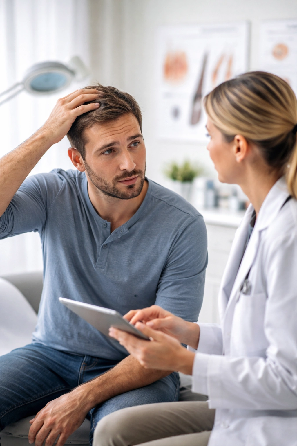Patient and dermatologist in a clinical hair loss consultation.