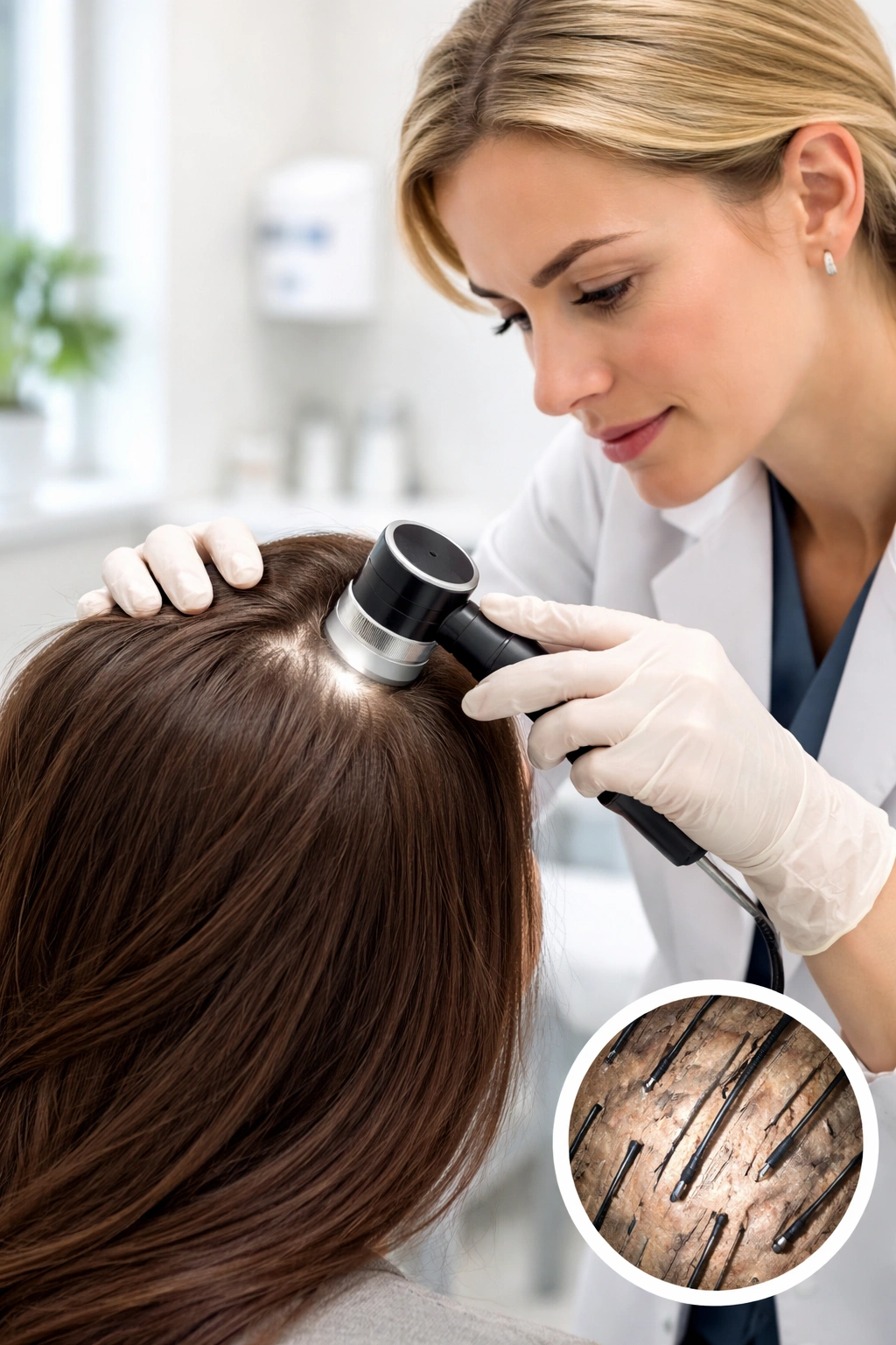 Dermatologist examining scalp with dermoscope for hair loss in clinic