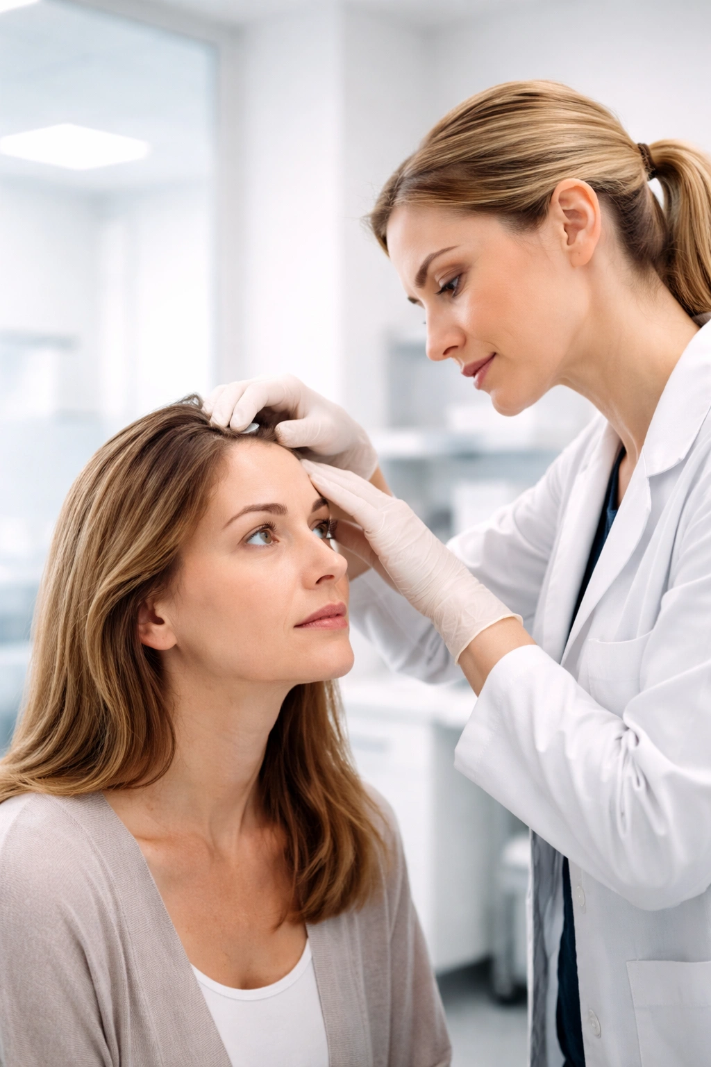 Dermatologist assessing hair shedding during a scalp exam.
