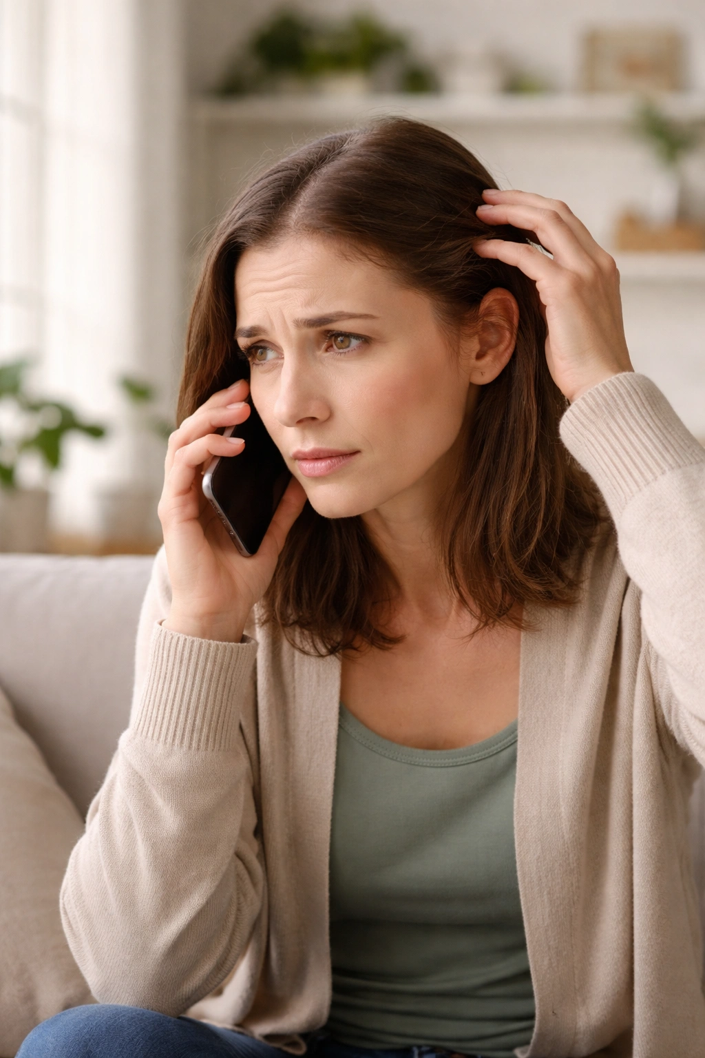 Person on the phone looking concerned about hair loss