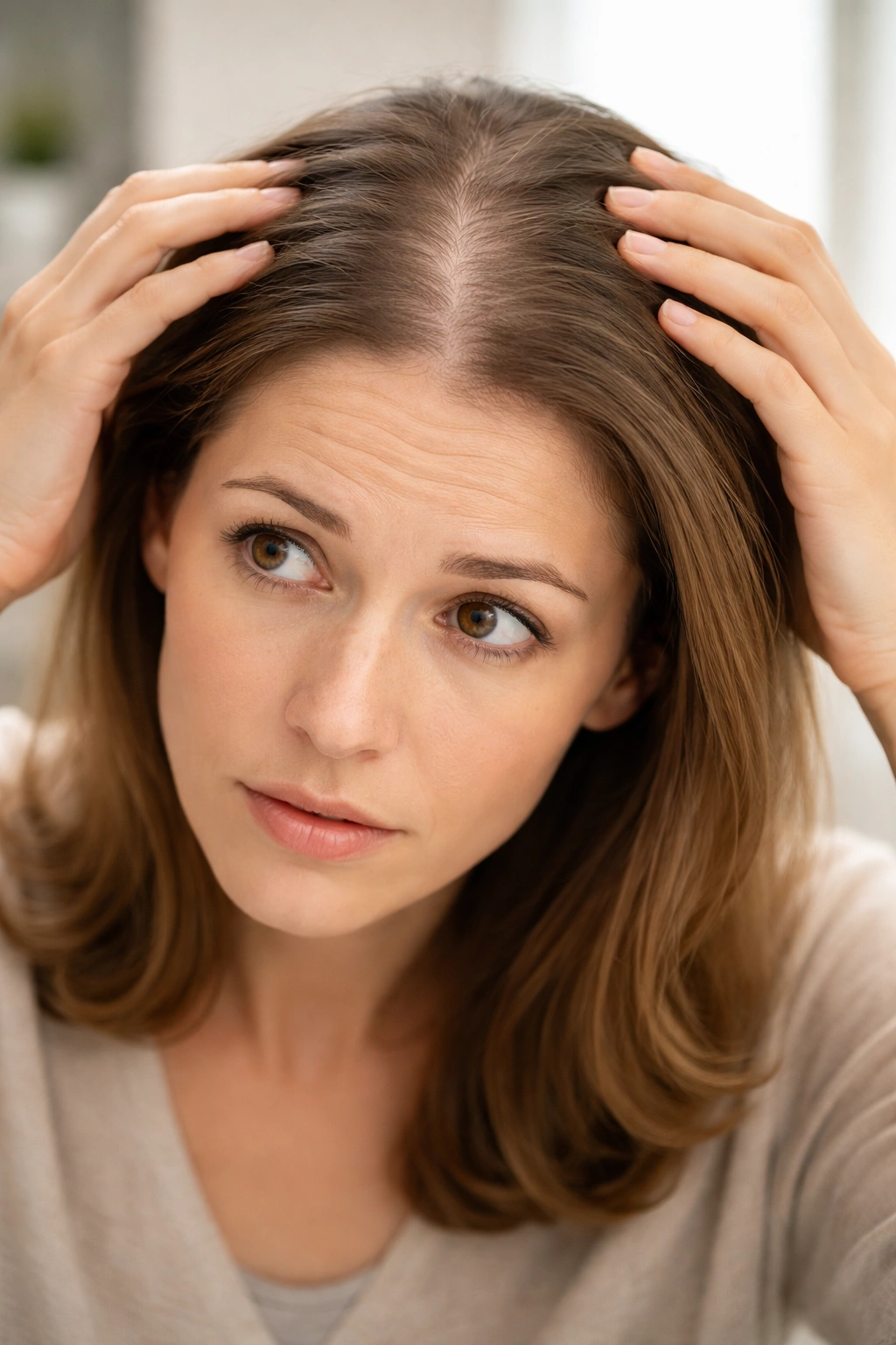 Person with thinning hair in neutral setting suggesting medical consultation
