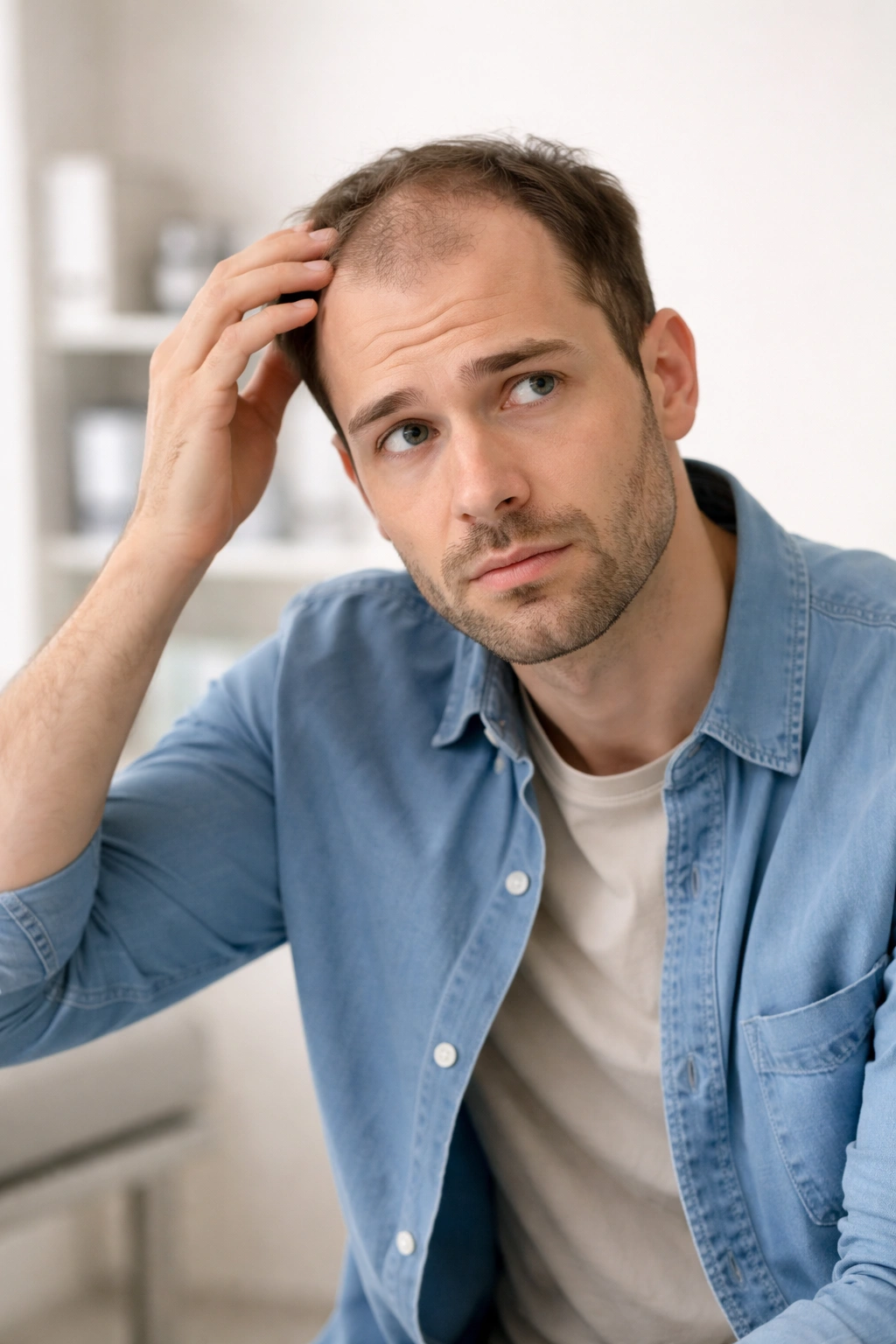Person contemplating medical consultation for hair loss in a neutral setting.