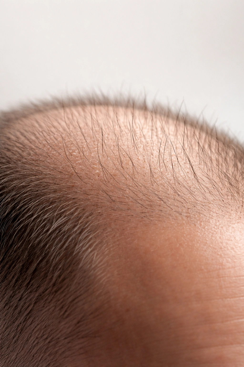 Close-up of a scalp with subtle thinning and emerging hairs, illustrating early hair loss intervention