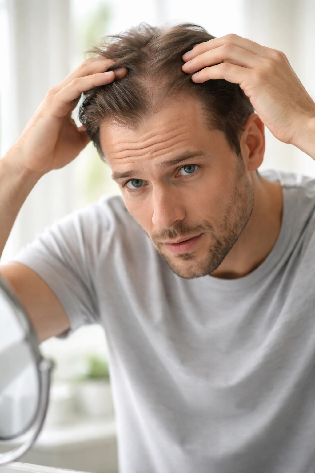 Person examining their hair in a bright mirror, highlighting hair health and potential interventions.