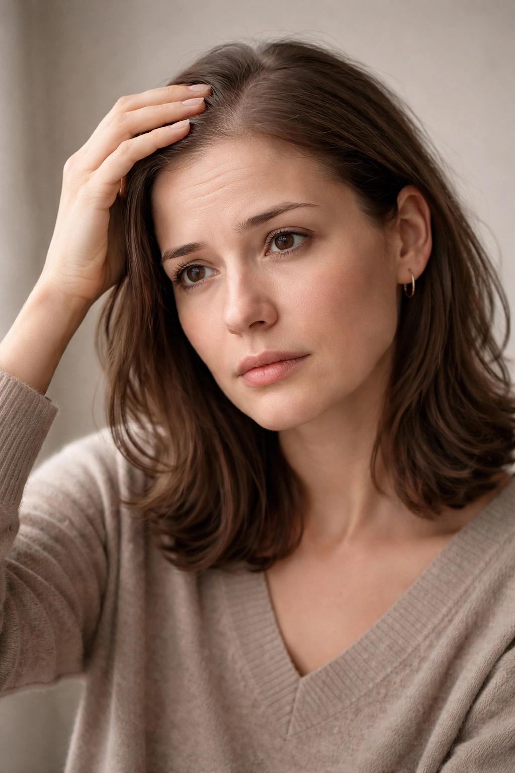 Portrait of a woman with a thoughtful expression, representing emotional impact of hair loss.