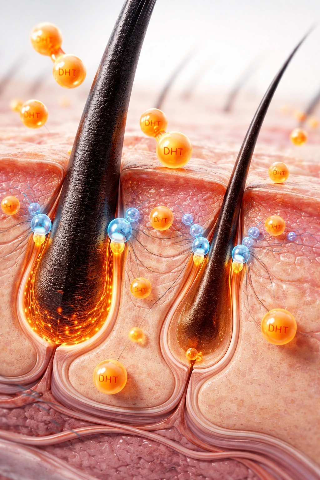 Close-up scalp follicle with hair shaft thinning due to DHT effect