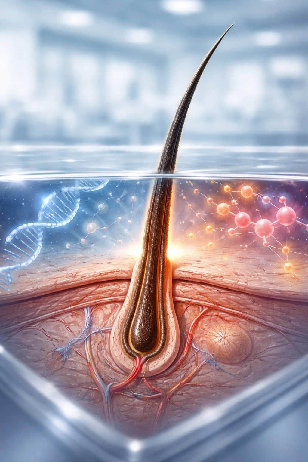 Close-up of a hair follicle cross-section illustrating genetic and hormonal factors in hair loss.